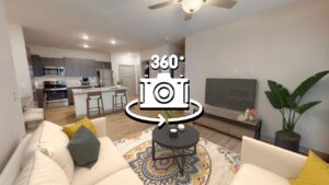 Marcella at Gateway Amenities 3D tour image of the living room and kitchen in the Lombardy 2 bedroom 2 bath apartment